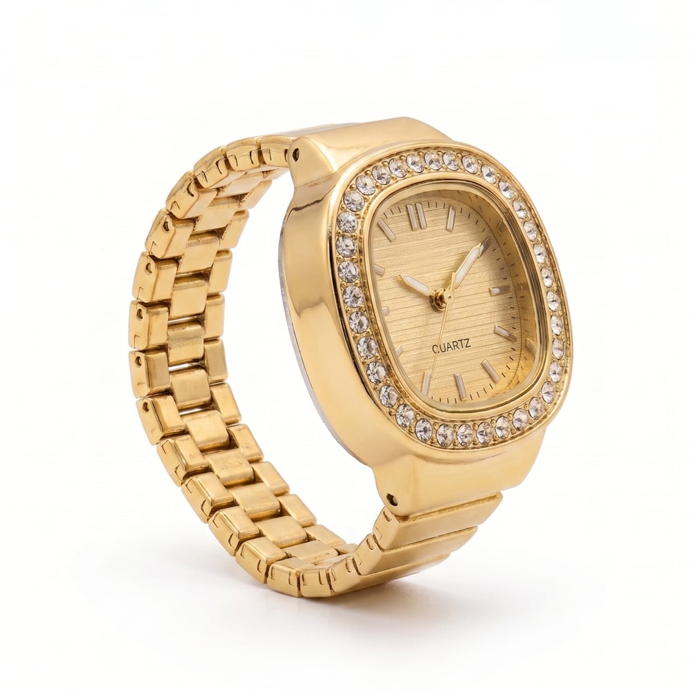Handmade Stainless Steel 18K Gold Dial Ring Watch